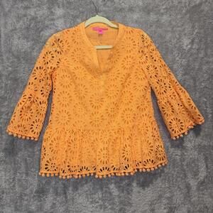 Lilly Pulitzer Women's XS Top Orange coquette fringe romantic eyelet feminine